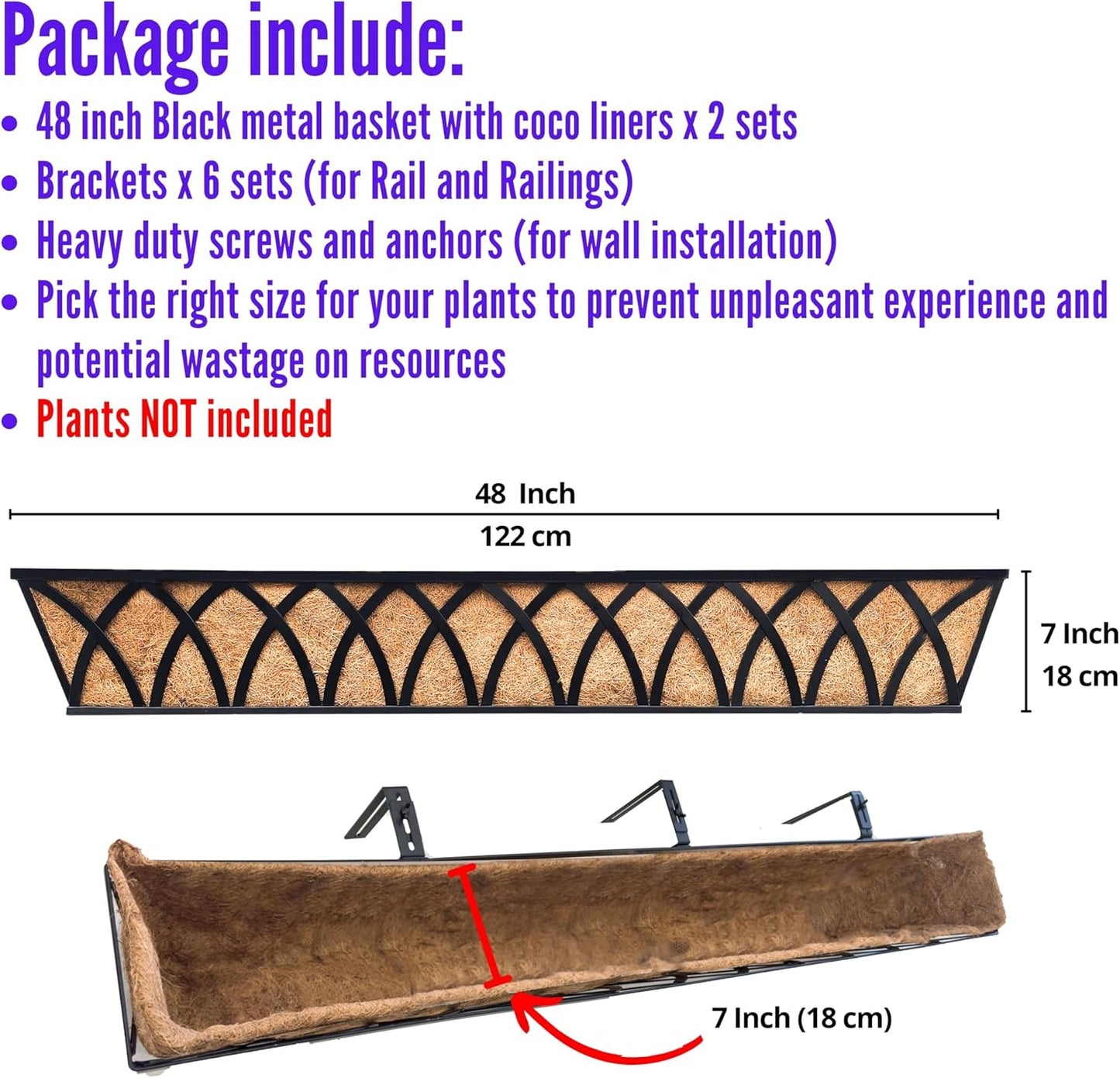 LaLaGreen Deck Railing Planter Outdoor (48 Inch, 2 Pack) Extra Large Metal Wall Hanging Planters with Coco Liner Black Rectangular Window Boxes Plant Bracket Holder Garden Rail Fence Balcony Patio