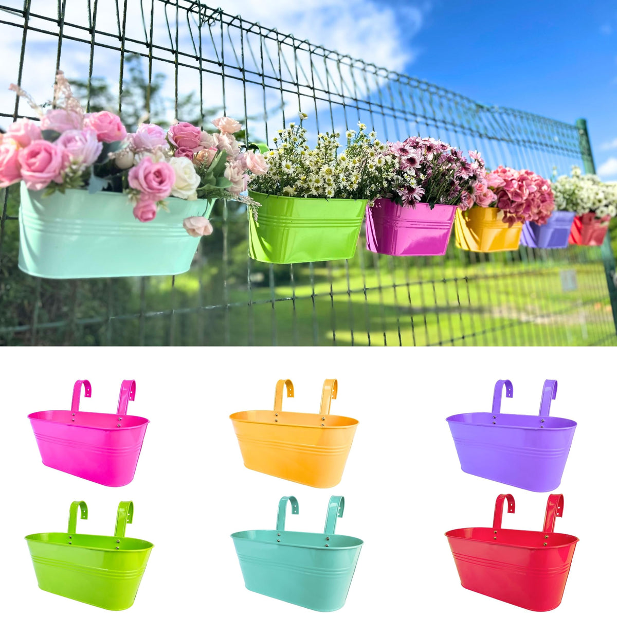 LaLaGreen Colorful Oval Metal Railing Planter Boxes