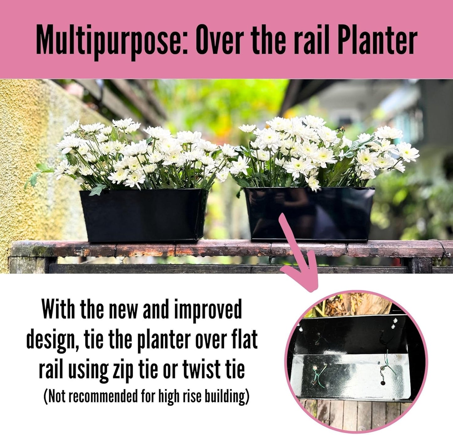 LaLaGreen Outdoor Rail Planter (6 Pack, 16 Inch) Large Black Metal Wall Hanging Strawberry Flower Pots, Rectangle Balcony Deck Railing Fence Rectangular Plant Holder Outside Patio Porch Decoration