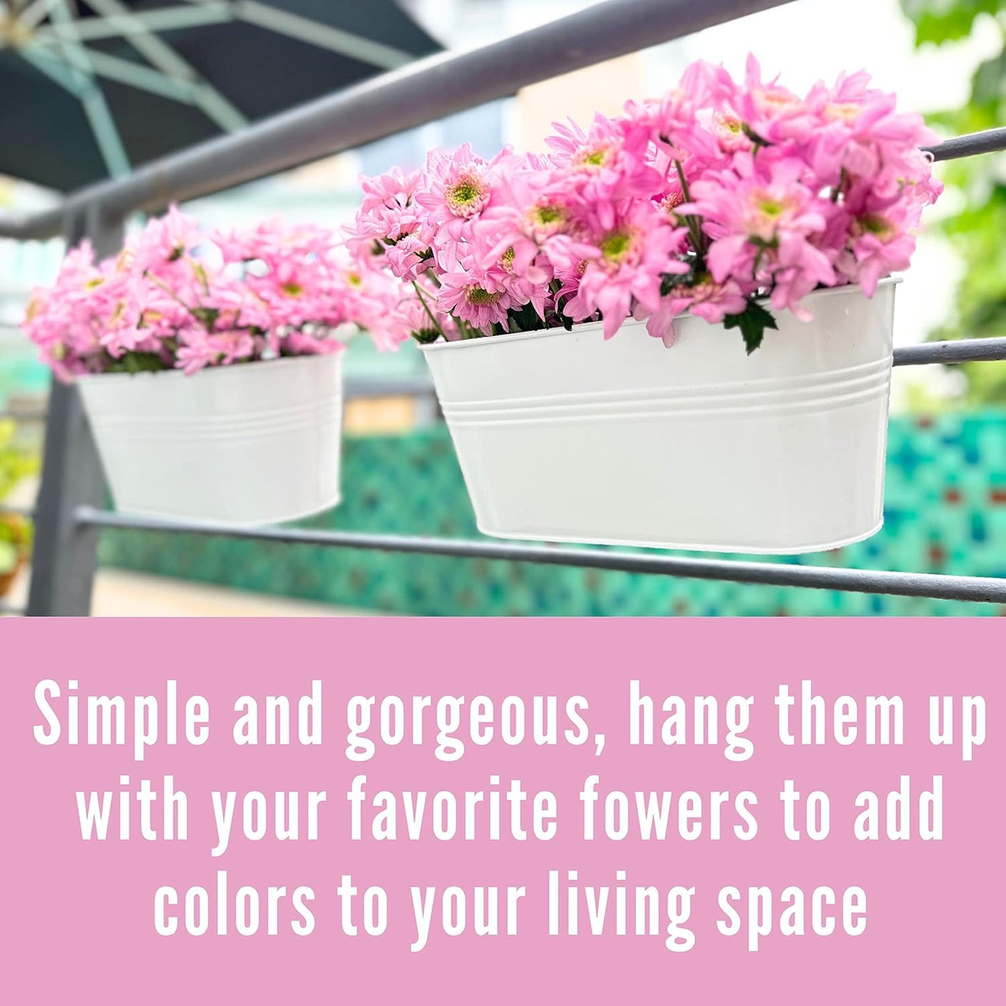 LaLaGreen Rail Planter Outdoor Plants (5 Pack, 11.8 Inch) White Metal Iron Hanging Flower Pots Deck Railings Fence Buckets Modern Countryside Boho Style Wall Mount Window Box Holder Hooks Porch Decor