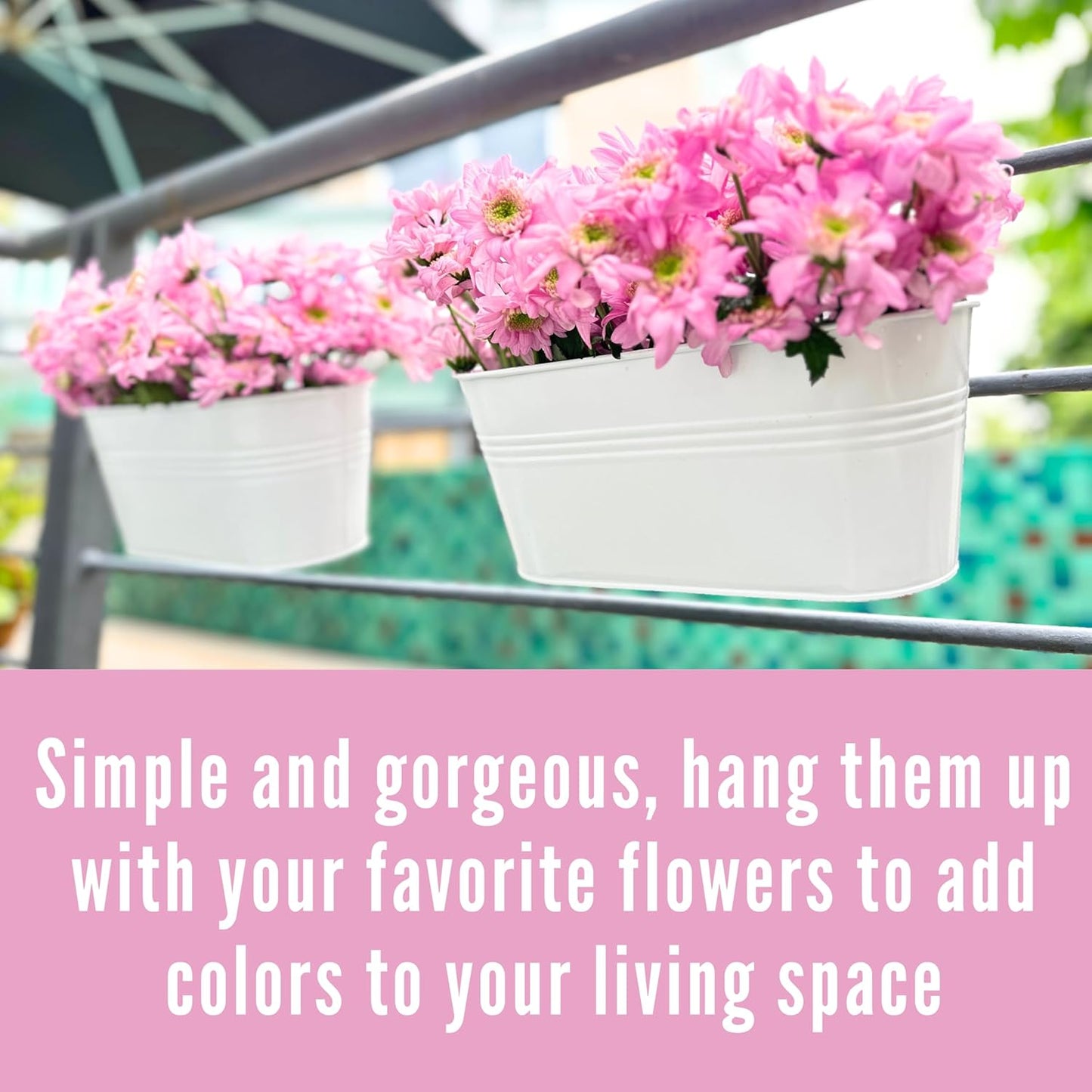 LaLaGreen Outdoor Plants Rail Planter (2 Pack, 16 Inch) White Metal Iron Hanging Flower Pots Deck Railings Fence Buckets Modern Boho Style Wall Mount Window Boxes Plant Holder Hooks Porch Home Decor