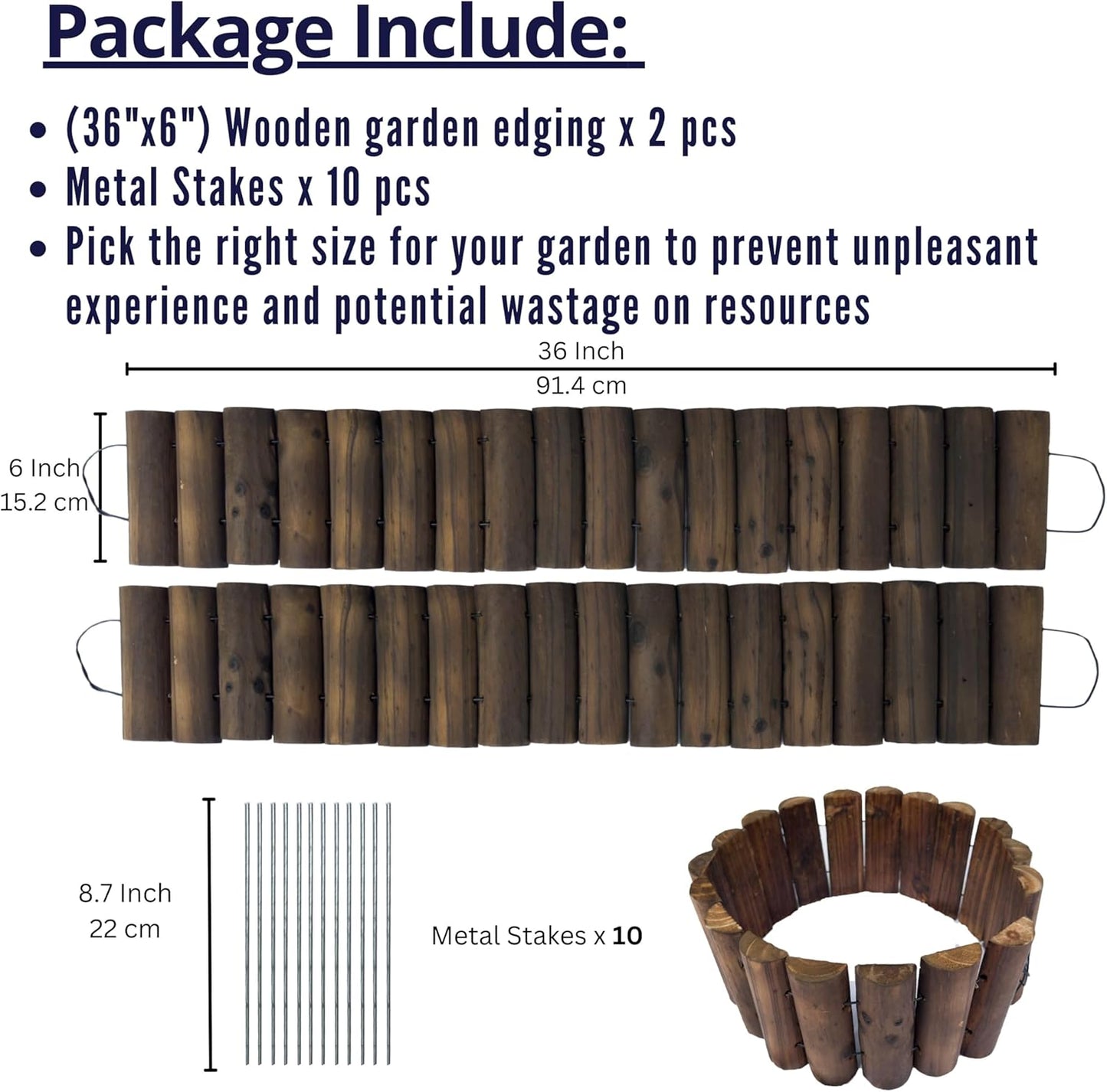 LaLaGreen Garden Edging Border (2 Pack, 36"x6") Small Wooden Fence Lawn Yard Landscape with Metal Stakes, Expandable Half Wood Brown Decorative Planting Tree Patio Path Flower Bed Outdoor Decor No Dig