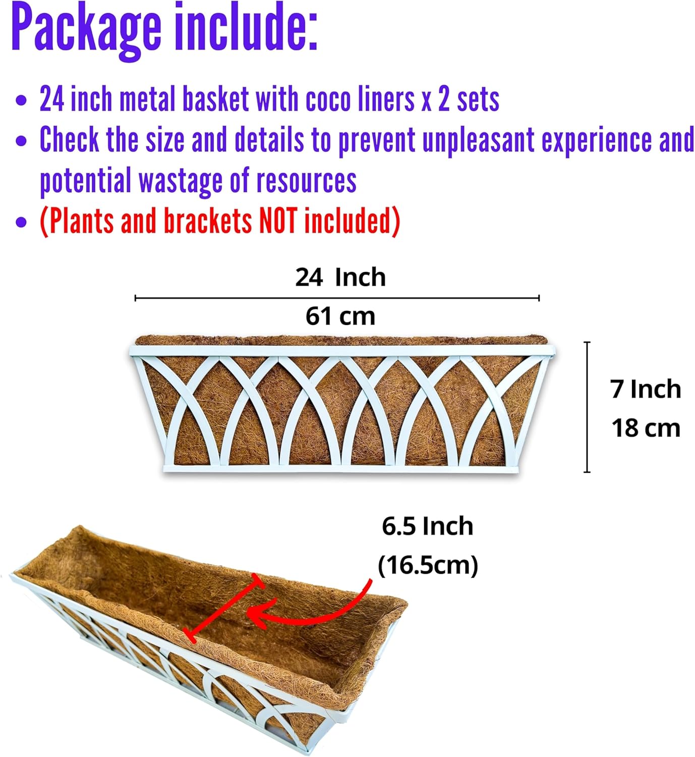 LaLaGreen Wall Planter (24 Inch, 2 Pack) White Metal Rectangular Hanging Flower Box Window Boxes Planters with Coco Liner Attach House Outdoor, Farmhouse Plant Holder Deck Railing Patio Balcony Fence