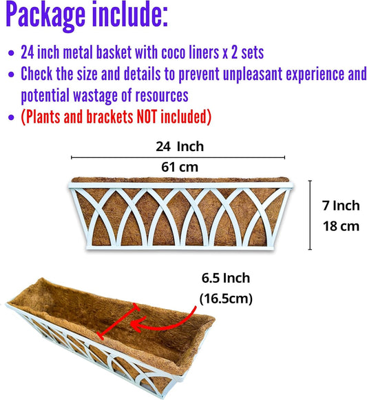 LaLaGreen Wall Planter (24 Inch, 2 Pack) White Metal Rectangular Hanging Flower Box Window Boxes Planters with Coco Liner Attach House Outdoor, Farmhouse Plant Holder Deck Railing Patio Balcony Fence