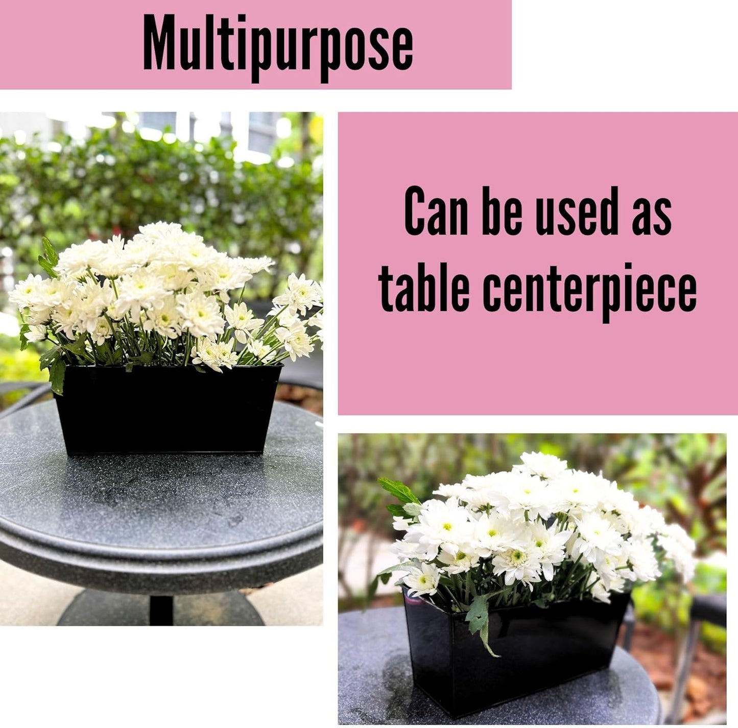 LaLaGreen Rail Planter Box (4 Pack, 12 Inch) Black Metal Strawberry Outdoor Hanging Flower Bucket with Drainage Handle Hook, Rectangle Balcony Deck Fence Plant Holder Window Boxes Rustic Home Decors