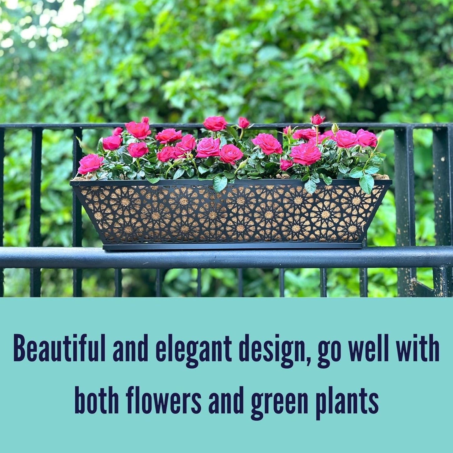 LaLaGreen Window Boxes Planters for Outdoor Plants (2 Pack, 24 Inch) Large Fence Hanging Planter Metal Deck Railing Flower Box with Coco Liner, Trendy Horse Troughs Balcony Pots Patio Porch Over Rail