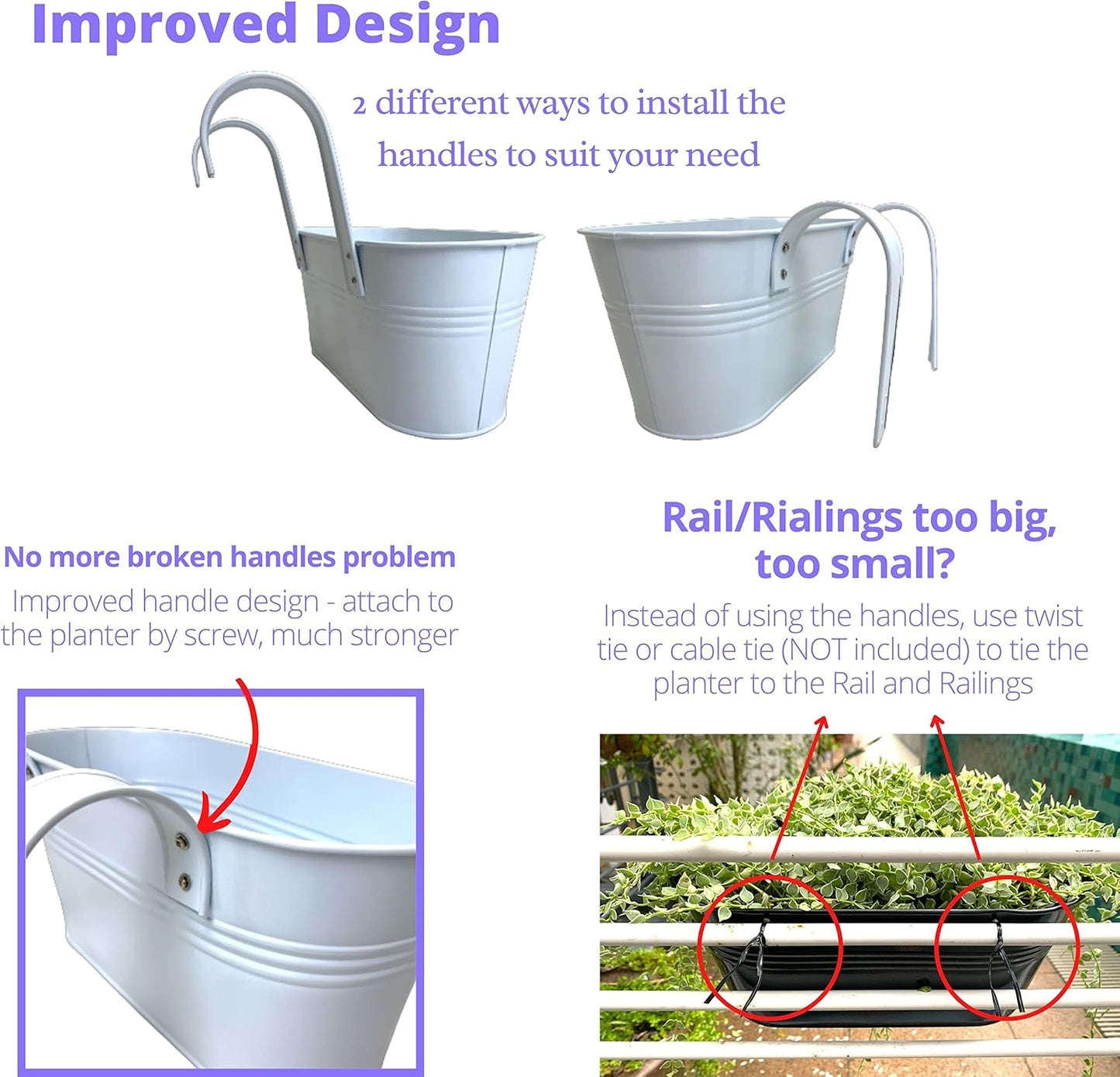 LaLaGreen Rail Planter for Outdoor (4 Pack, 9.8 Inch) Small and Cute Metal Iron Hanging Flower Pots Deck Railings Fence Buckets Boho Style White Wall Mount Window Box Plant Holder Hooks Porch Decor