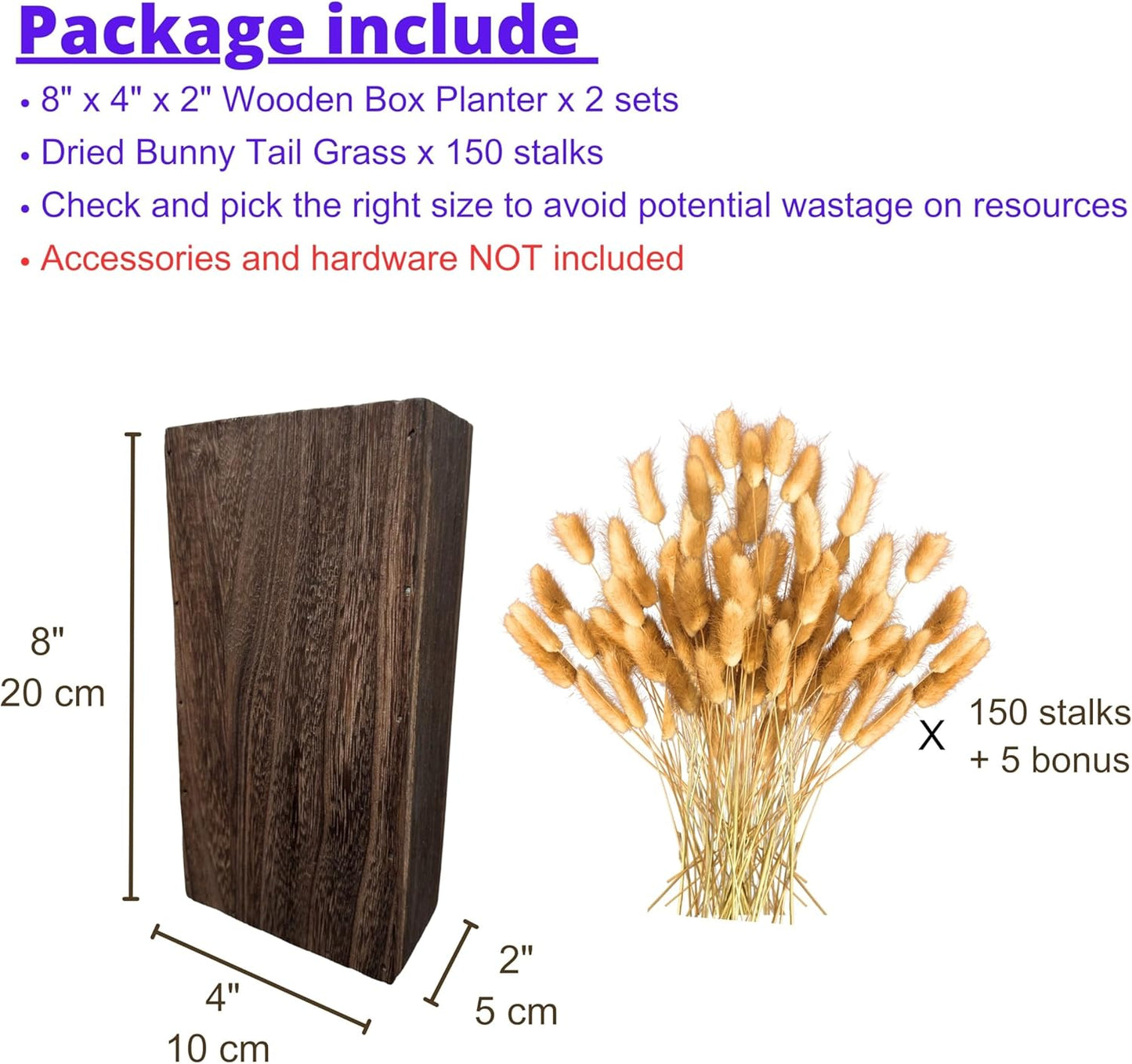 LaLaGreen Wood Wall Planters (2 Pack, 8 Inch), Include Bunny Tails Dried Flowers, Hanging Planter Wooden Box Vase for Indoor Modern Rustic Farmhouse Decor Home Living Room Bathroom Trendy Decoration