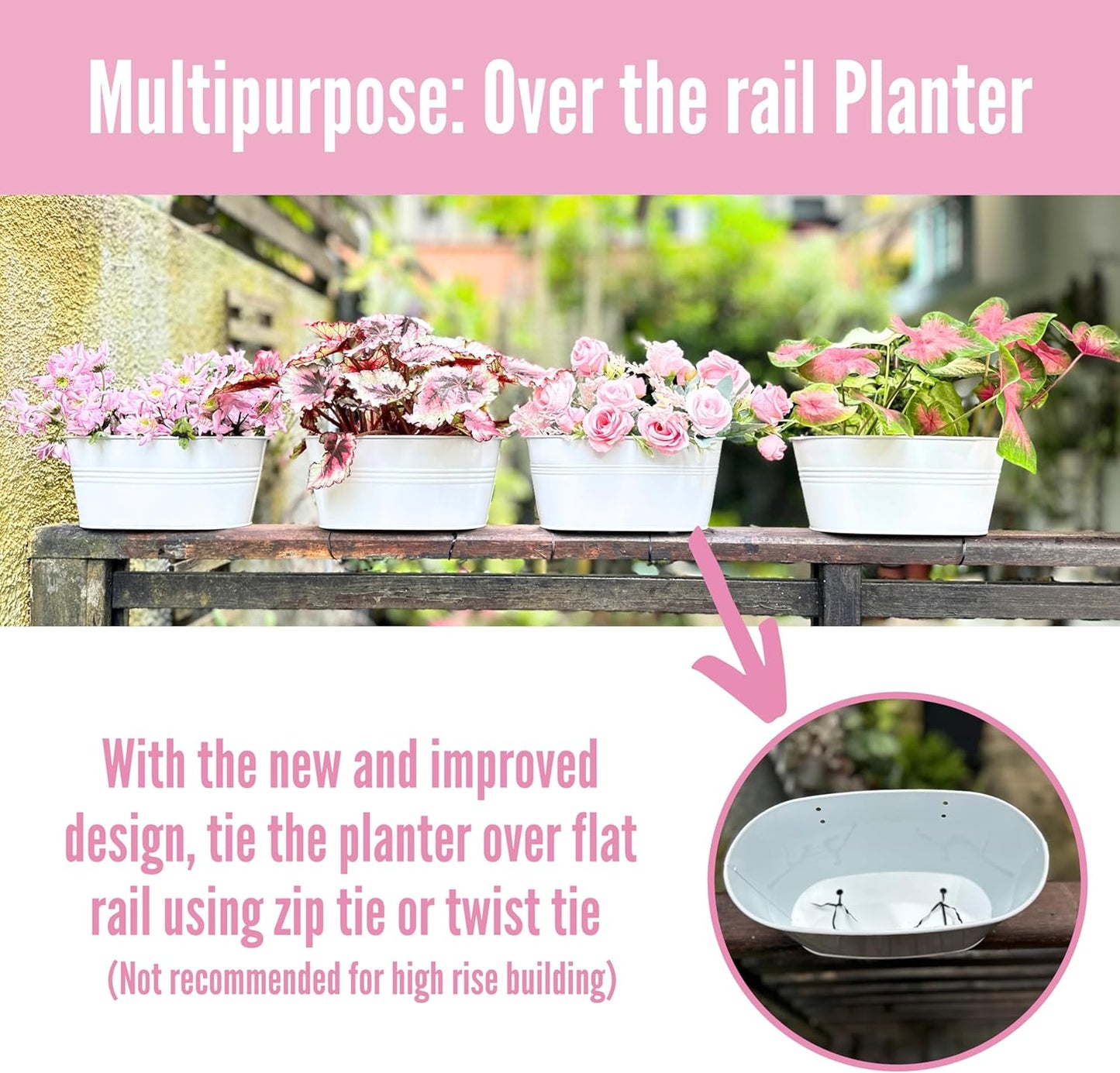 LaLaGreen Outdoor Rail Planter (10 Pack, 9.8 Inch) Small and Cute White Metal Iron Hanging Flower Pot Deck Railings Fence Buckets Countryside Style Wall Mount Window Box Plant Holder Hooks Porch Decor