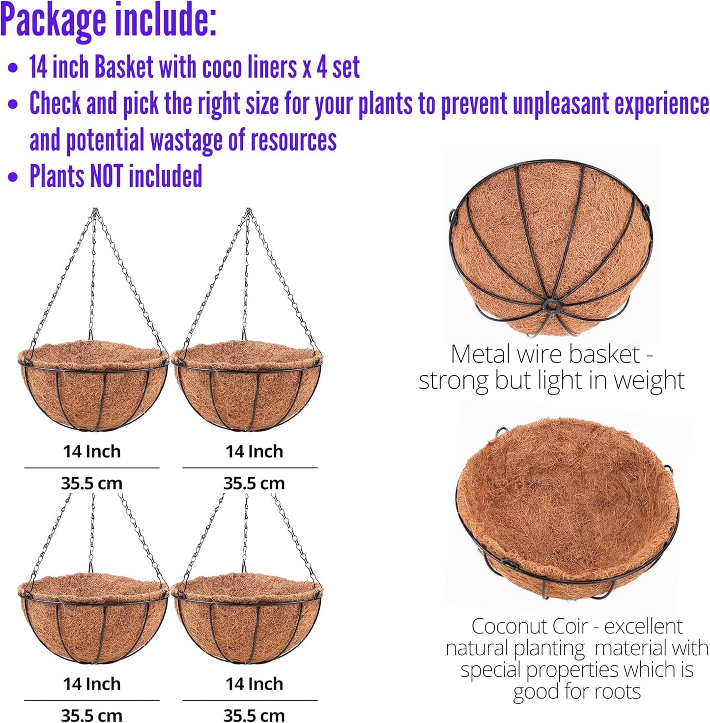 LaLaGreen Hanging Baskets for Outdoor Plants (14 Inch, 4 Pack) Large Hanging Planter with Coco Liner Round Flower Pots, Black Metal Wire Plant Holder Hook Deck Porch Modern Garden Balcony Rustic Decor