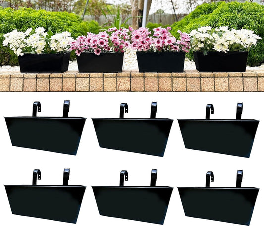 LaLaGreen Rail Planters (6 Pack, 14 Inch) Black Metal Rectangle Strawberry Window Boxes Outdoor Balcony Deck Railing Fence Hanging Flower Herb Pot with Detachable Hook Patio Porch Farmhouse Minimalist