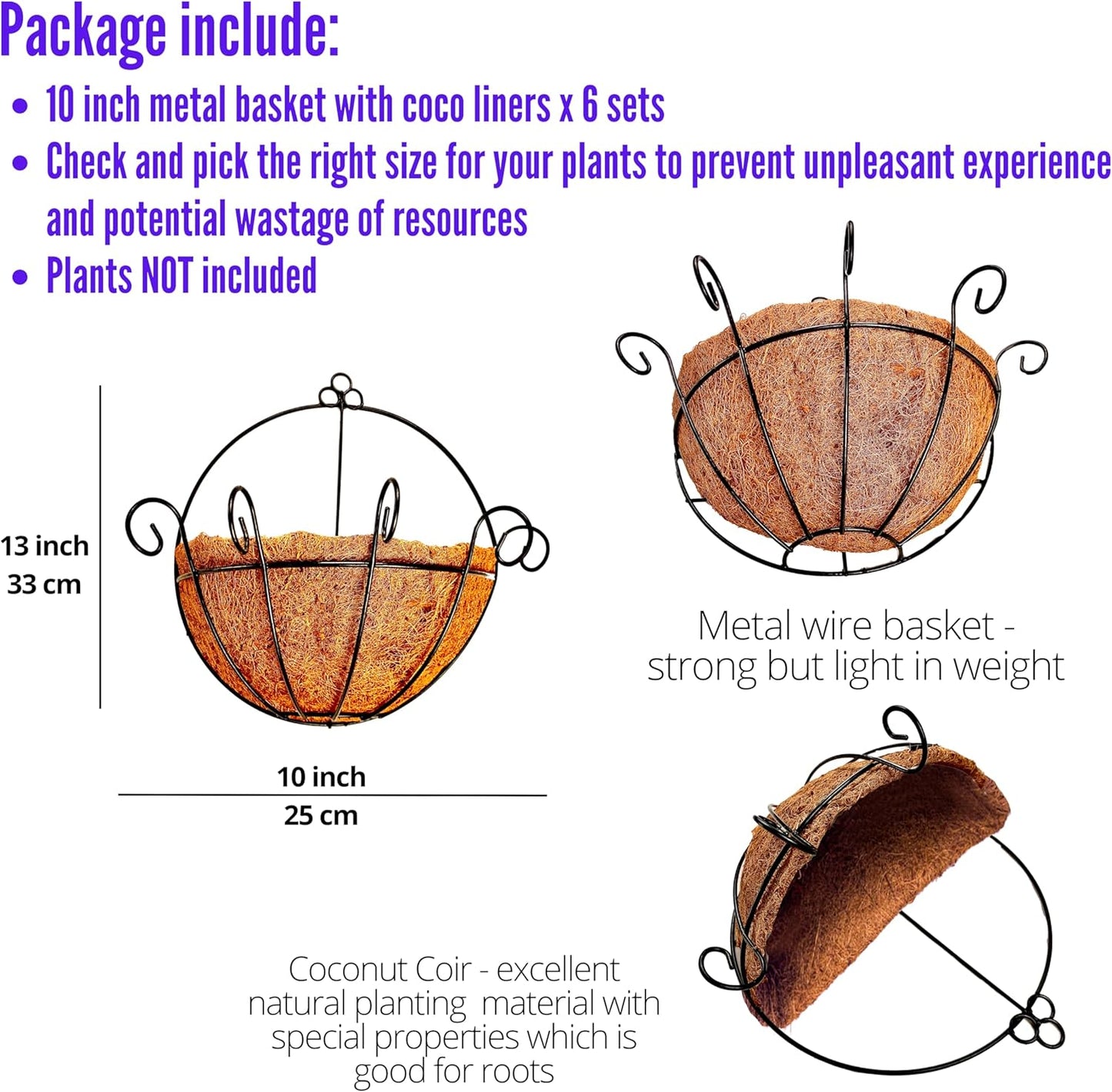 Shoplala Wall Planters Outdoor Plants (6 Pack, 10 Inch) Balcony Planters Railing Hanging Fence Planter Over Railing with Coco Liner, Wall Mounted Flower Basket Black Metal Wire Deck Porch Patio Garden