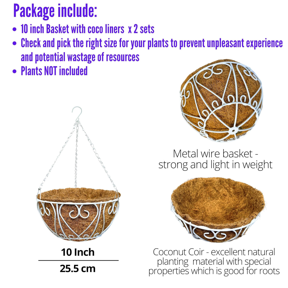 LaLaGreen Metal Hanging Baskets (10 in, 2 Pack) White Coco Liner Plant Pots