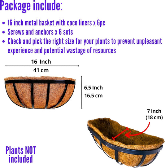 LaLaGreen Wall Planters for Outdoor Plant (16 Inch, 6 Pack) Deck Railing Planter Boxes for Outside Plants, Window Flower Box with Coco Liners Metal Horse Troughs Fence Balcony Garden Patio Porch Rail