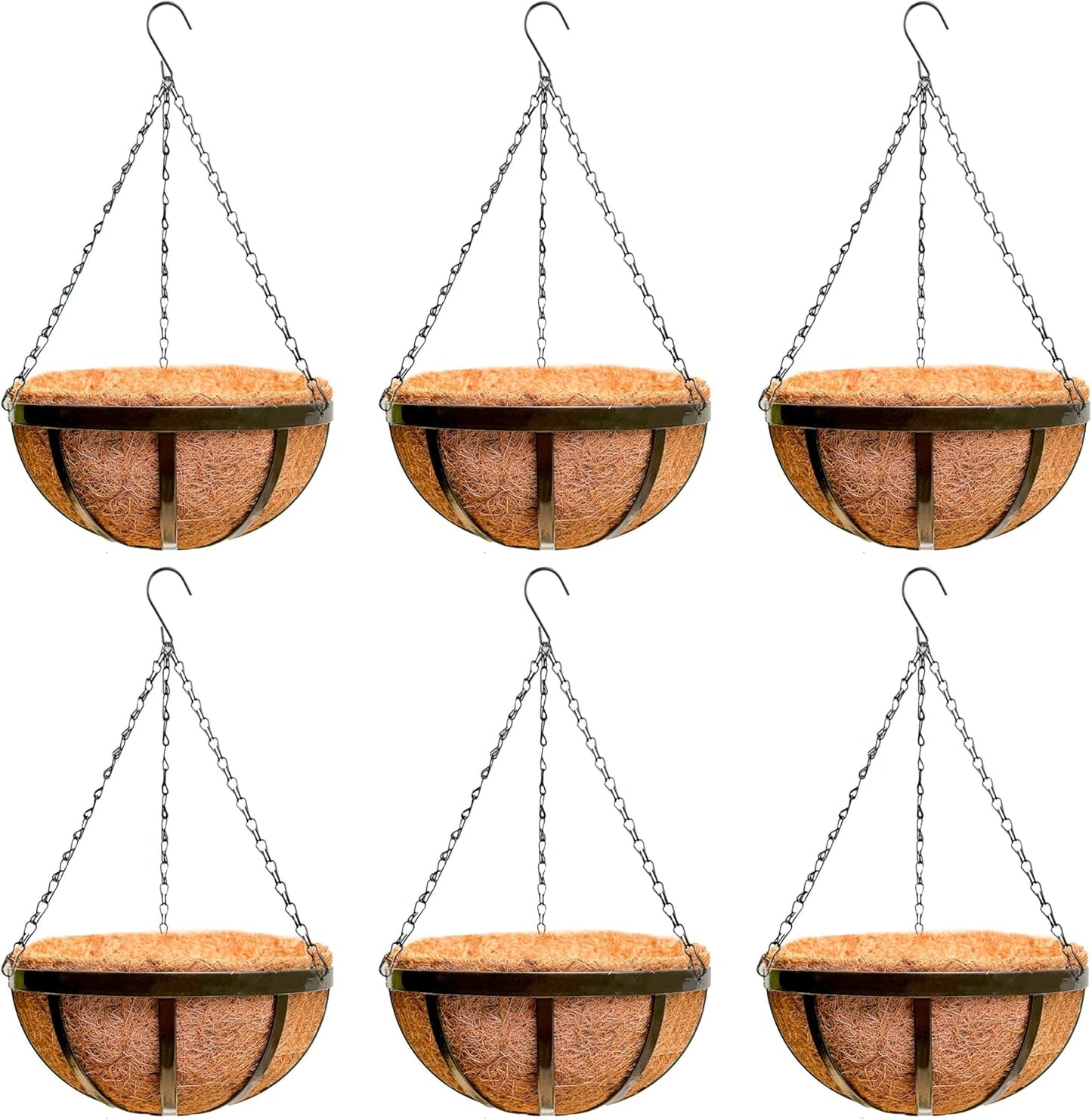 LaLaGreen Outdoor Hanging Baskets for Plants (6 Pack, 14 Inch) Large Black Hanging Planters with Coco Liner, Flat Iron Round Plant Metal Flower Pots for Deck Patio Porch Garden Balcony Outside Decor