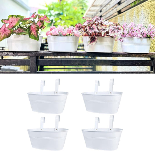 LaLaGreen Rail Planter for Outdoor (4 Pack, 9.8 Inch) Small and Cute Metal Iron Hanging Flower Pots Deck Railings Fence Buckets Boho Style White Wall Mount Window Box Plant Holder Hooks Porch Decor