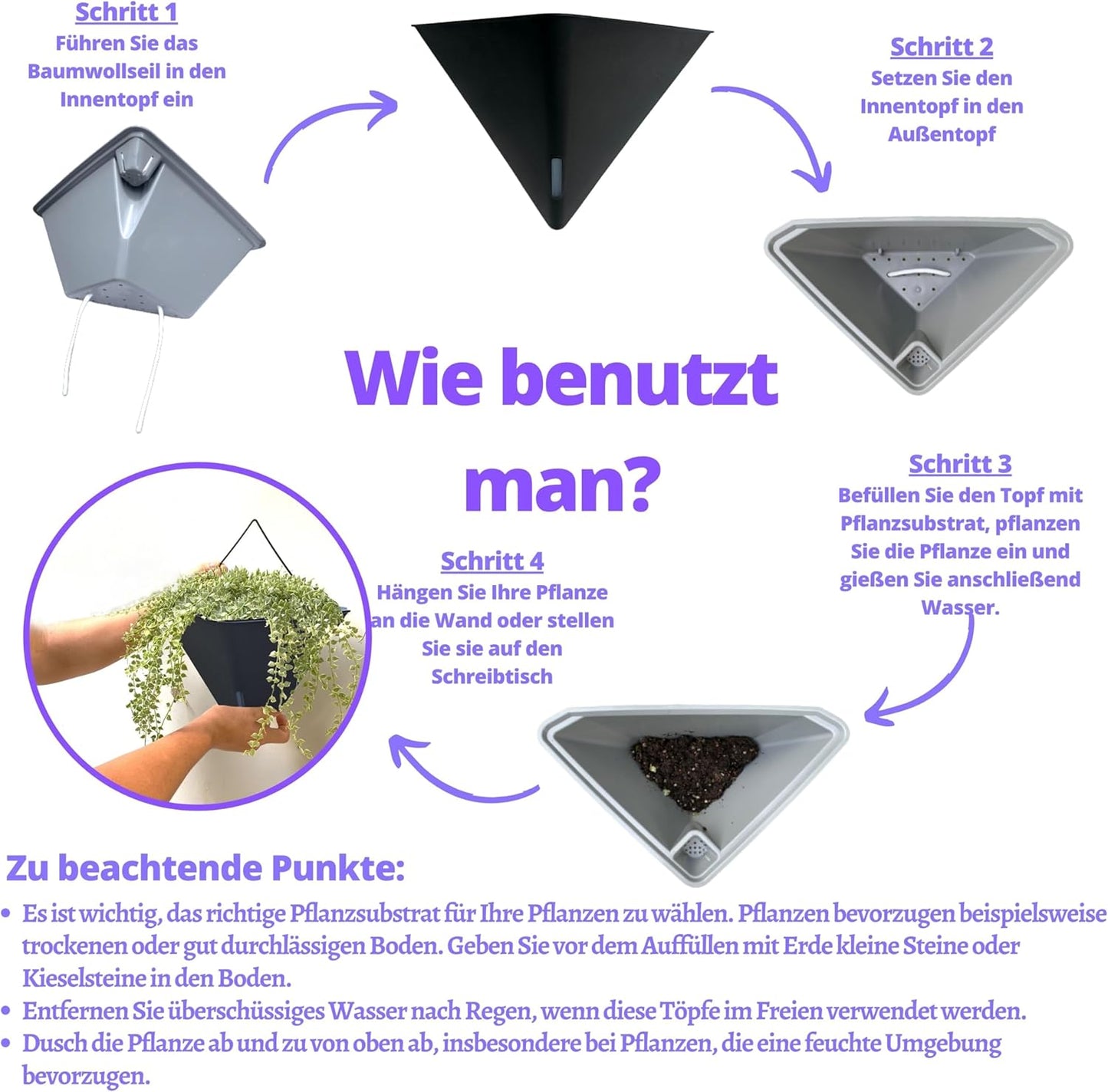 LaLaGreen Wall Planters for Indoor Plants - 4 Pack, 12 Inch Large Self Watering Black Geometric Hanging Flower Vase Vessel with Metal Hanger, Modern Stylish Wall Mounted Succulent Pot Holder Decor