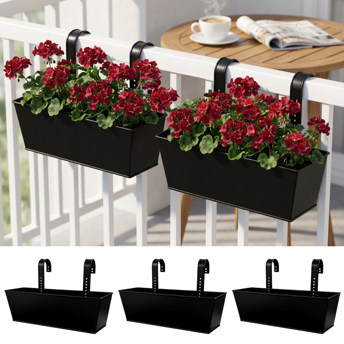 LaLaGreen Rail Planter (16 in) Black Metal Deck Fence Pots