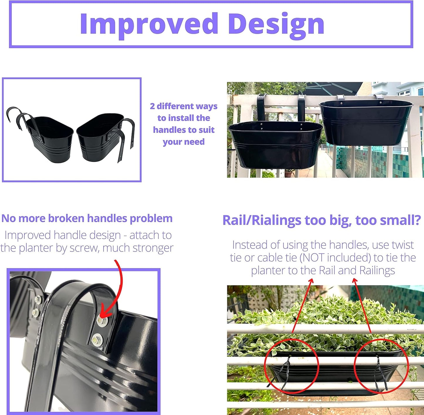 LaLaGreen Rail Planter Outdoor Plants (2 Pack, 9.8 Inch) Small and Cute Metal Iron Hanging Flower Pots Deck Railings Black Fence Bucket, Boho Style Wall Mount Window Box Plant Holder Hooks Porch Decor