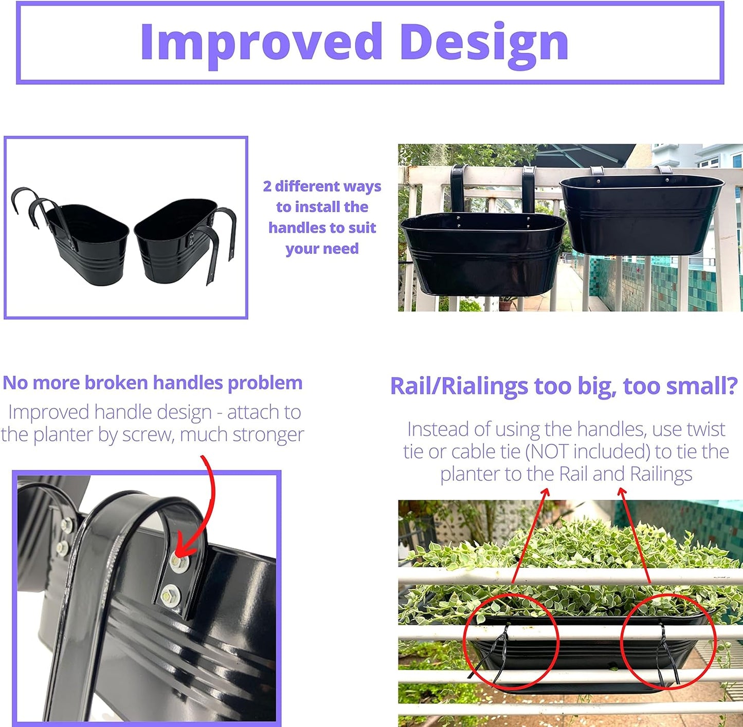 LaLaGreen Rail Planter Outdoor Plants(11.8 Inch, 8 Pack) Black Metal Iron Hanging Flower Pots Deck Railings Fence Buckets Modern Countryside Boho Style Wall Mount Window Box Plant Holder Porch Decor