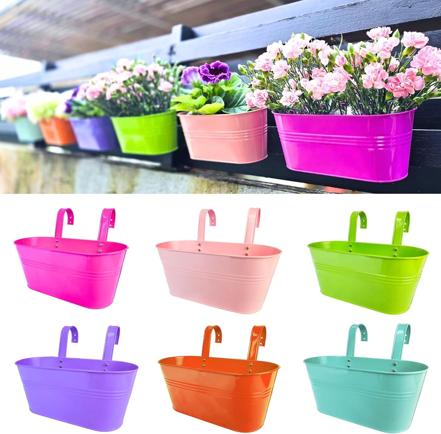 LaLaGreen Outdoor Hanging Planter (11.2 Inch, 6 Pack) Light Pink, Light Purple, Turquoise, Neon Pink, Yellow, Orange Metal Iron Window Box Flower Pot Deck Railings Fence Buckets Porch Garden Decor