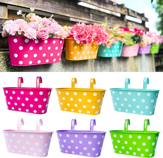 LaLaGreen Rail Planter for Deck Railing (11.8 Inch, 6 Pack) Colorful Metal Iron Outdoor Hanging Flower Pots, Polka Dot and Strawberry Bucket Fence Balcony Cute Boho Stylish Porch Patio Garden Decor