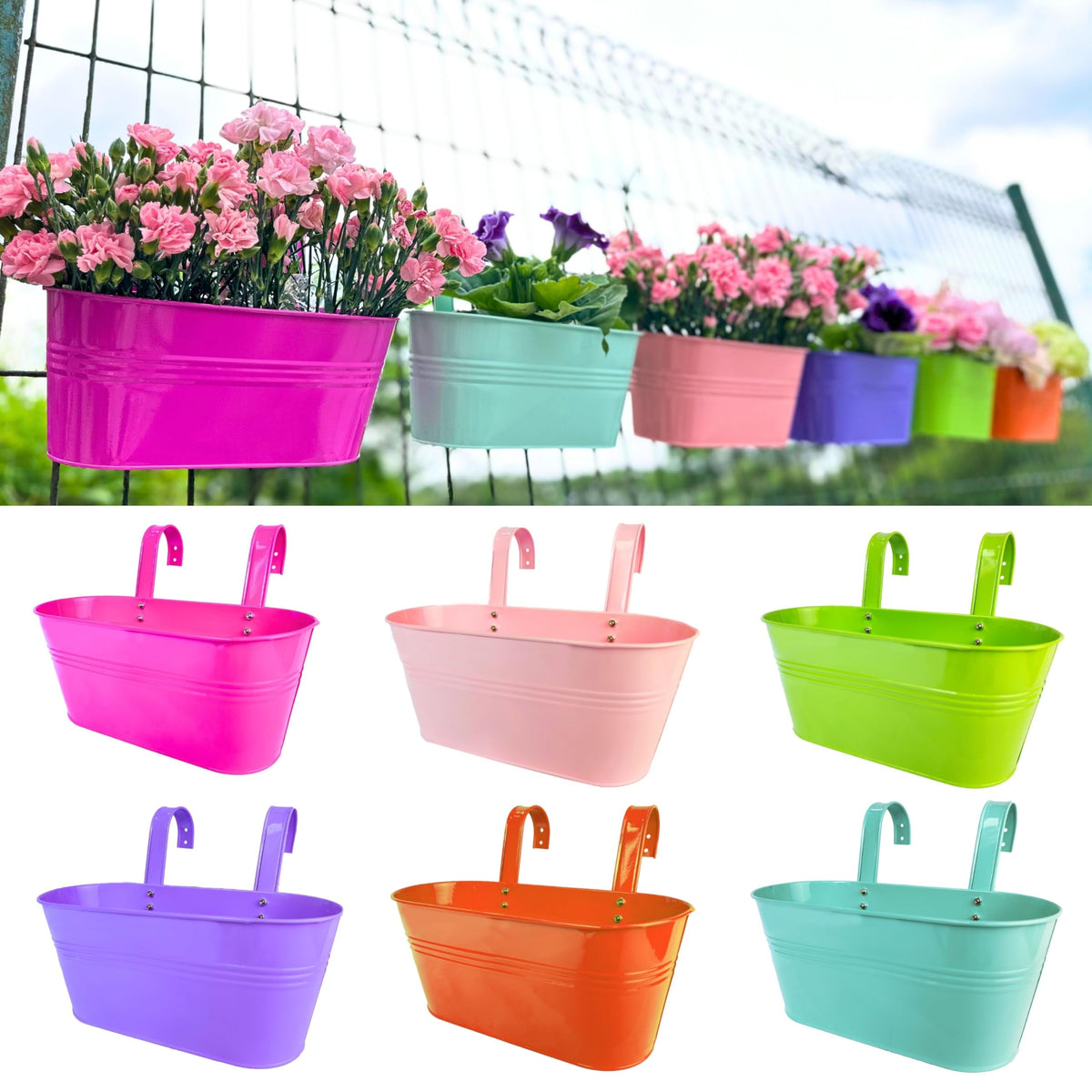 LaLaGreen Colorful Oval Metal Railing Planter Boxes
