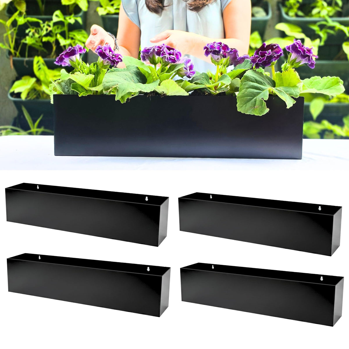 LaLaGreen Wall Planters for Outdoor (24 Inch, 4 Pack) Carbon Steel Black Metal Hanging Flower Pot for Succulents, Wall Mount Rectangular Window Sill Box Fence Floating Garden Shelf Deck Indoor Decor