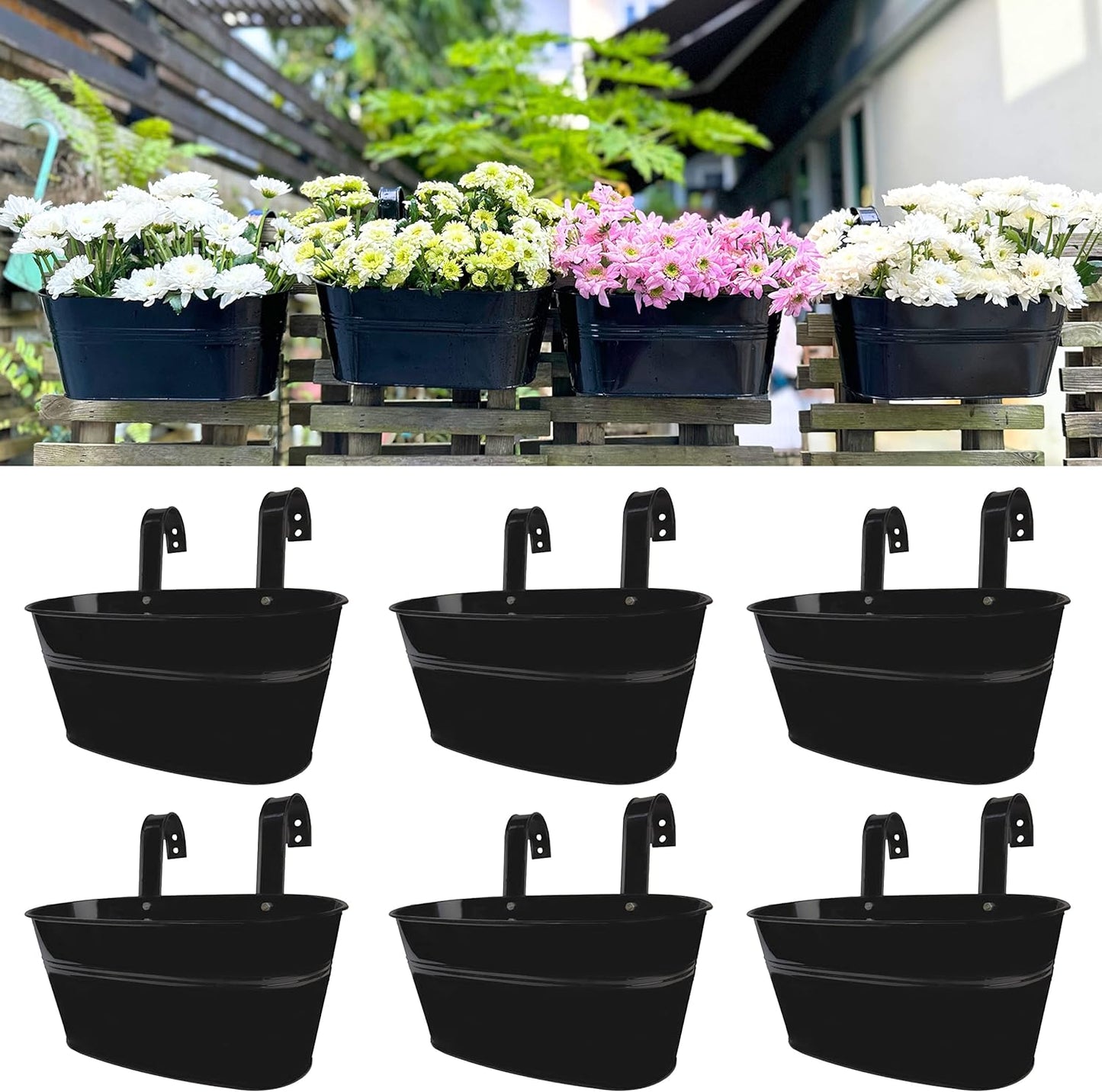 LaLaGreen Outdoor Rail Planter (11.8 Inch, 6 Pack) Black Metal Iron Hanging Flower Pots Deck Railings Fence Buckets Outside Countryside Boho Style Wall Mount Window Box Plant Holder Hook Porch Decor