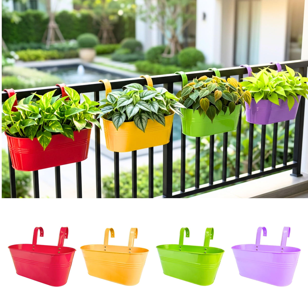 LaLaGreen Colorful Oval Metal Railing Planter Boxes