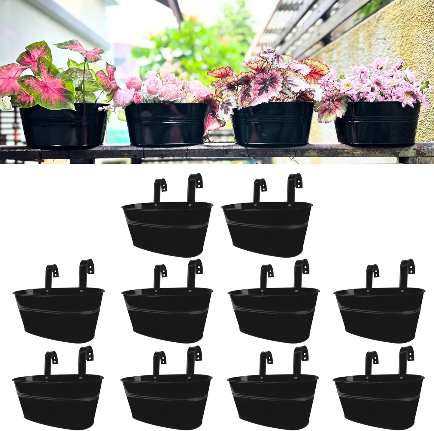 LaLaGreen Rail Planter Outdoor Plants(3 Pack, 11.8 Inch) Black Metal Iron Hanging Flower Pots Deck Railings Fence Buckets Modern Countryside Boho Style Wall Mount Window Box Plant Holder Porch Decor