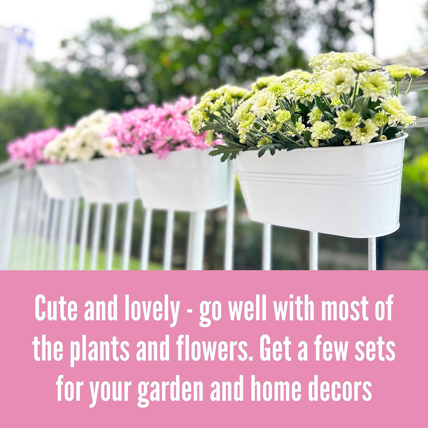 LaLaGreen Outdoor Rail Planter (6 Pack, 9.8 Inch) Small and Cute White Metal Iron Hanging Flower Pots Deck Railings Fence Buckets Countryside Style Wall Mount Window Box Plant Holder Hooks Porch Decor