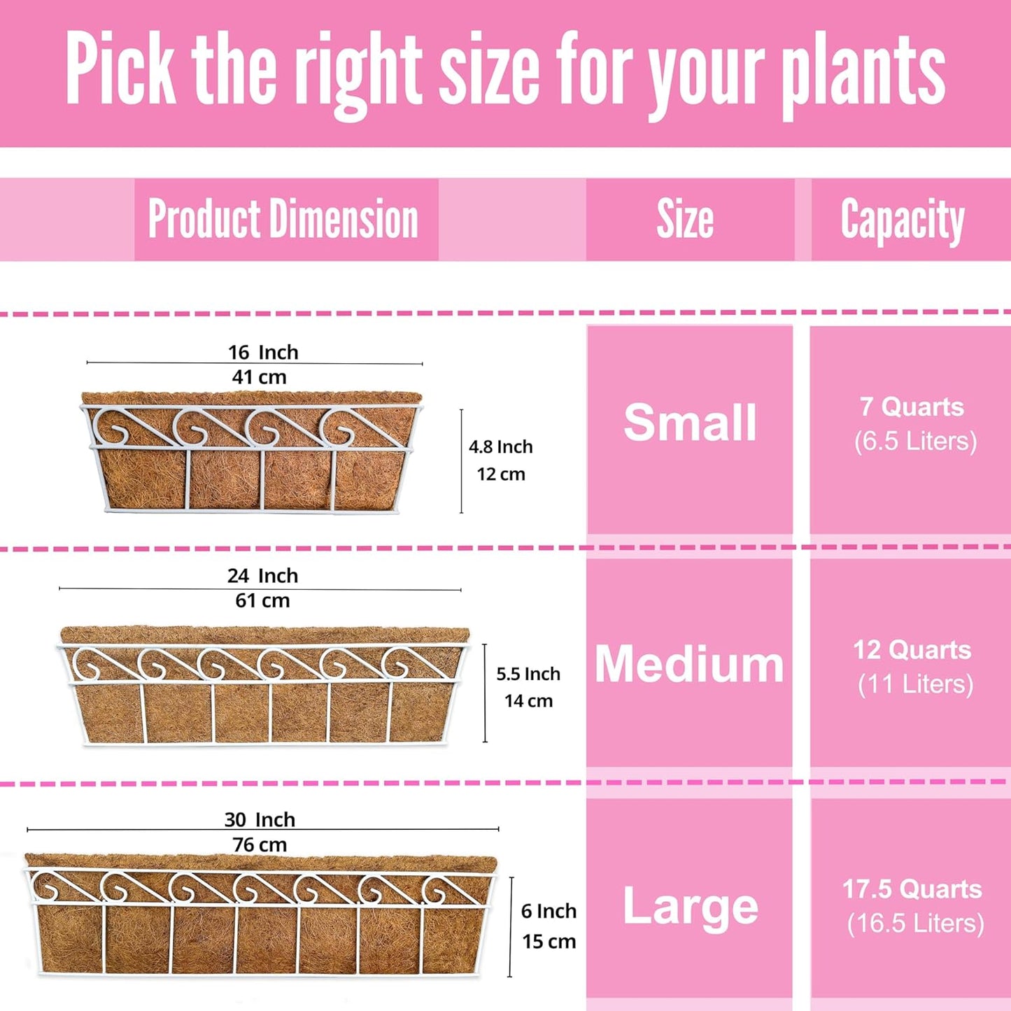 LaLaGreen Wall Mounted Planters (16 Inch, 2 Pack) Window Flower Boxes Basket Outdoor, Balcony Planter Over The Rail, Deck Railing Hanging with Coco Liners, White Metal Horse Troughs Fence Patio Porch