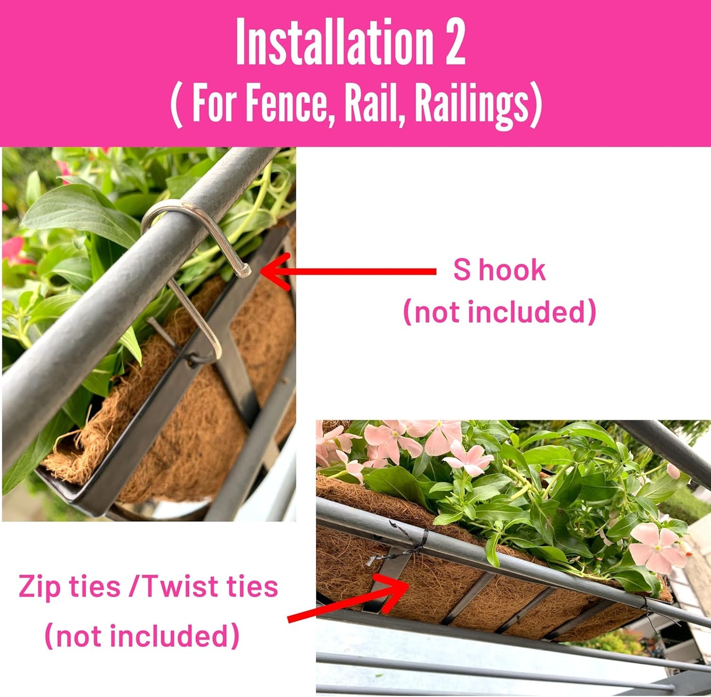 LaLaGreen Wall Planters - 16 Inch, 2 Pack Deck Railing Planter Boxes for Outdoor Plants, Window Flower Box with Coco Liners Metal Horse Troughs Fence Balcony Garden Herb Pot Patio Porch Over Rail