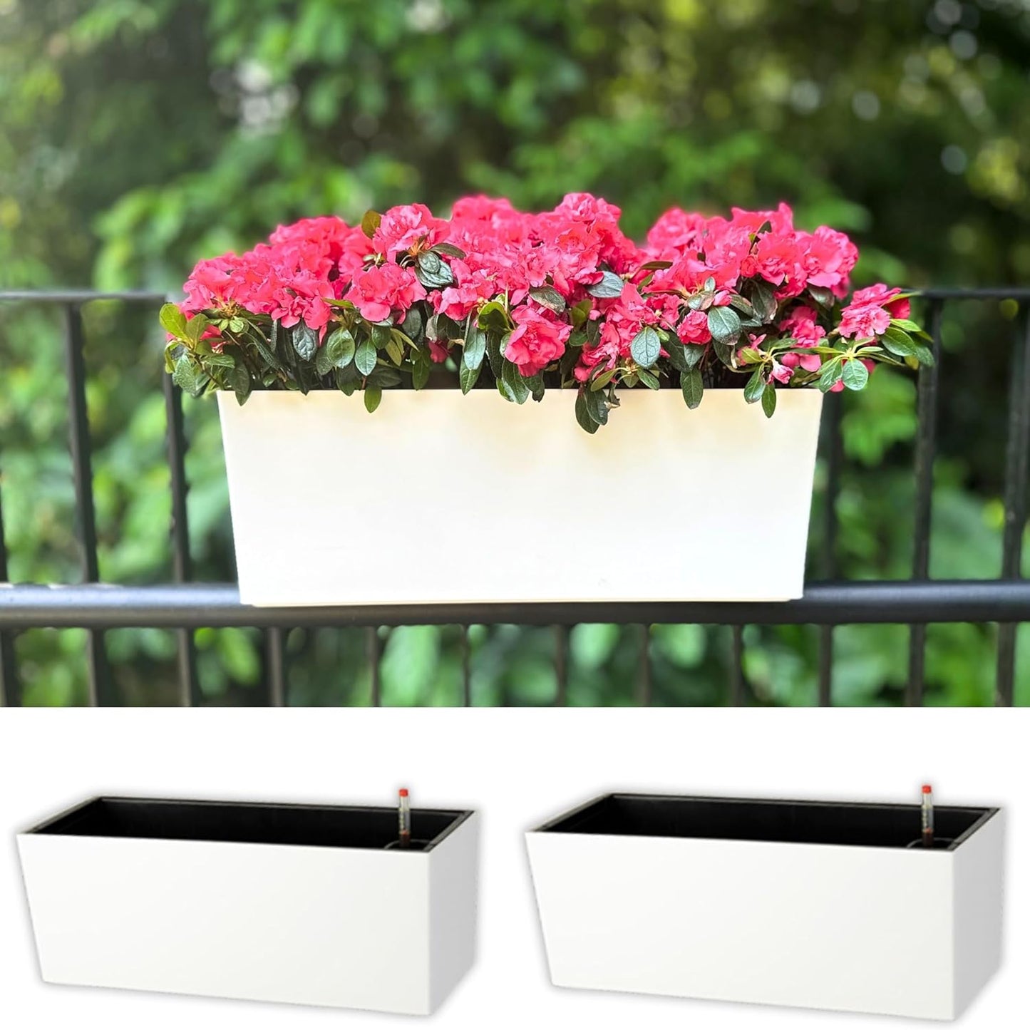 LaLaGreen Railing Planter Box (20 Inch, 4 Pack) White Rectangular Window Flower Boxes with Bracket, Self Watering System Hanging Planter Box for Outdoor Plant Pots Container Deck Rail Fence Balcony