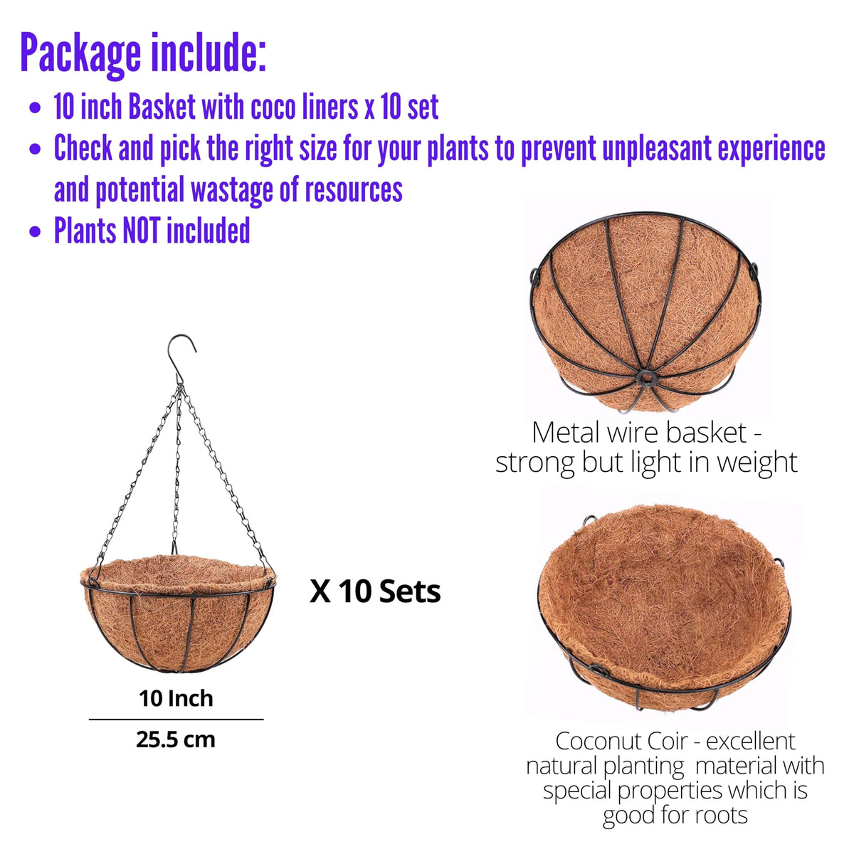 LaLaGreen Hanging Baskets for Plants (10 in, 6 Pack) Coco Liner Flower Pots