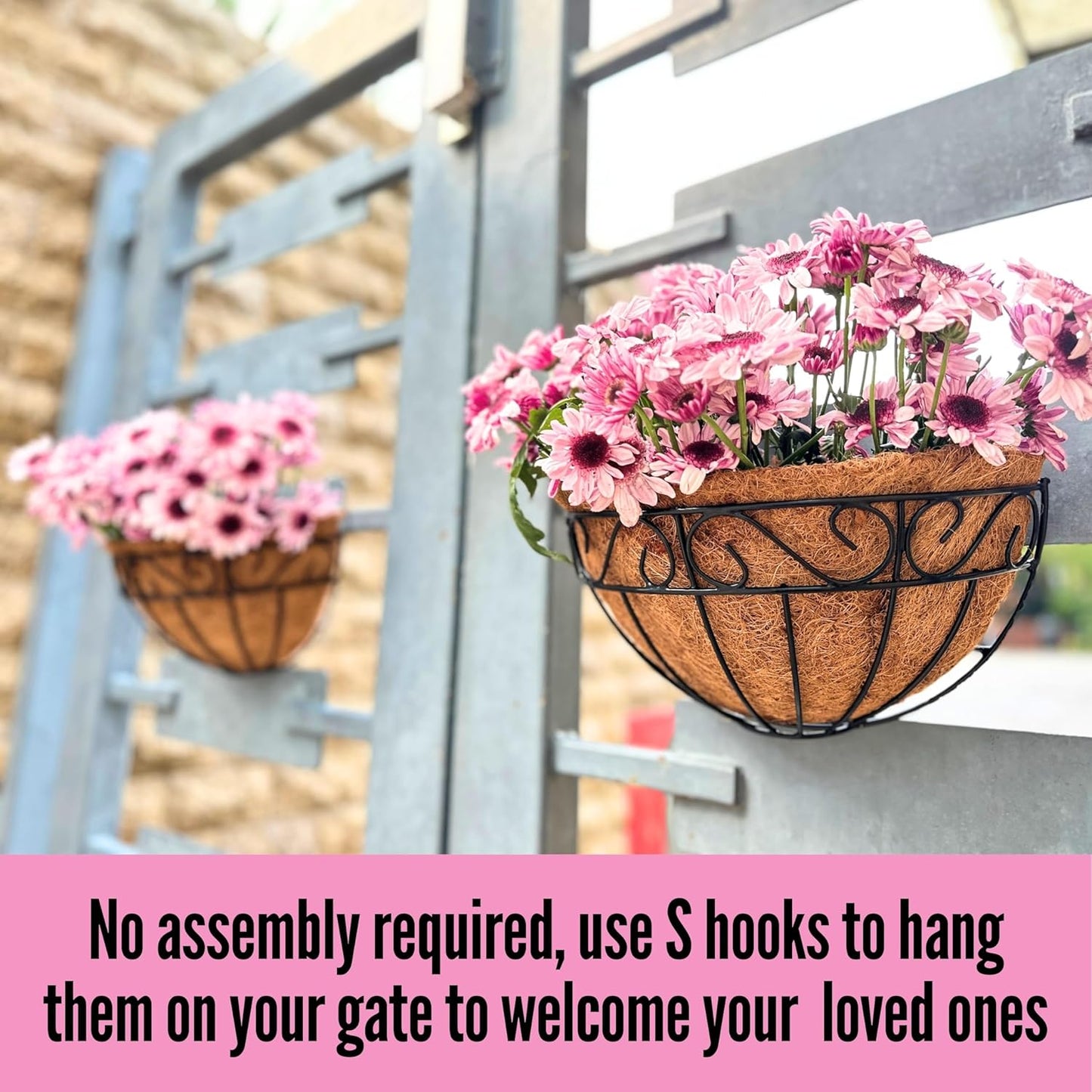 LaLaGreen Outdoor Wall Planters, 4 Pack, 14 Inch Large Balcony Planter Railings Hanging, Rail Flower Basket with Coco Liner English Horse Trough Black Metal Wire Succulent Pot Holder Deck Porch Garden