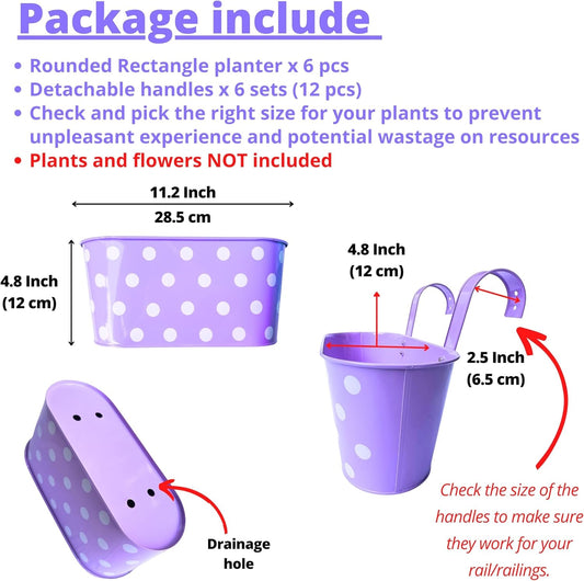 LaLaGreen Outdoor Hanging Planter (11.2 Inch, 6 Pack) Light Purple, Green, Yellow, Cadet Blue, Dark Pink, Red Metal Iron Colorful Window Boxes Polka Dot Flower Pot Deck Railings Fence Rail Porch Decor