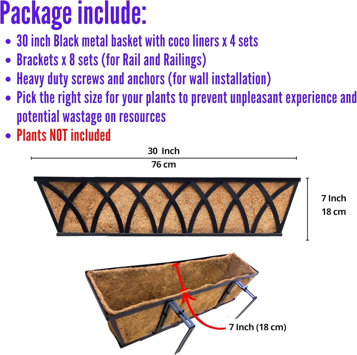 LaLaGreen Deck Railing Planter Boxes (30 Inch, 4 Pack) Wall Hanging Planters for Outdoor Plants, Black Metal Rectangular Window Flower Box with Coco Liner, Horse Trough Rail Fence Porch Patio Decor