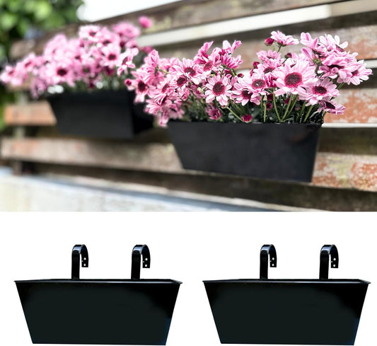 LaLaGreen Railing Hanging Planters (2 Pack, 16 Inch) Large Black Metal Strawberry Flower Pots Outdoor Countryside Modern Rectangle Succulent Planter with Drainage Holes Hanger Balcony Deck Fence Porch