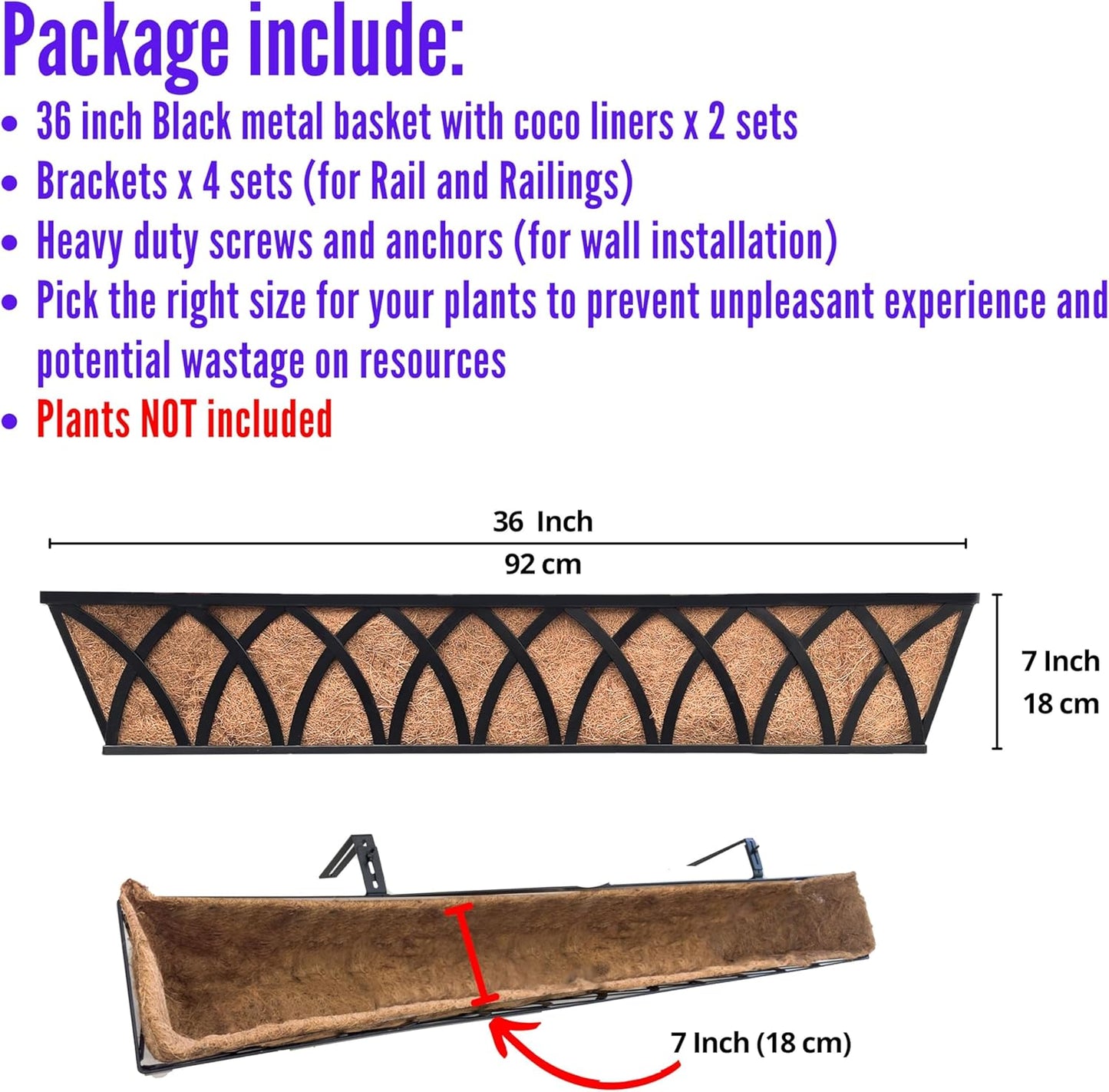 LaLaGreen Railing Planter Box (36 Inch, 2 Pack) Black Metal Rectangular Window Boxes for Outdoor Plants, Large Wall Hanging Planters with Coco Liner Modern Bracket Garden Fence Horse Troughs Porch