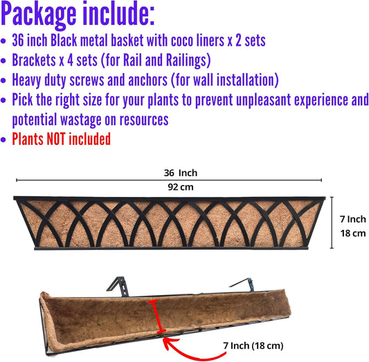 LaLaGreen Railing Planter Box (36 Inch, 2 Pack) Black Metal Rectangular Window Boxes for Outdoor Plants, Large Wall Hanging Planters with Coco Liner Modern Bracket Garden Fence Horse Troughs Porch