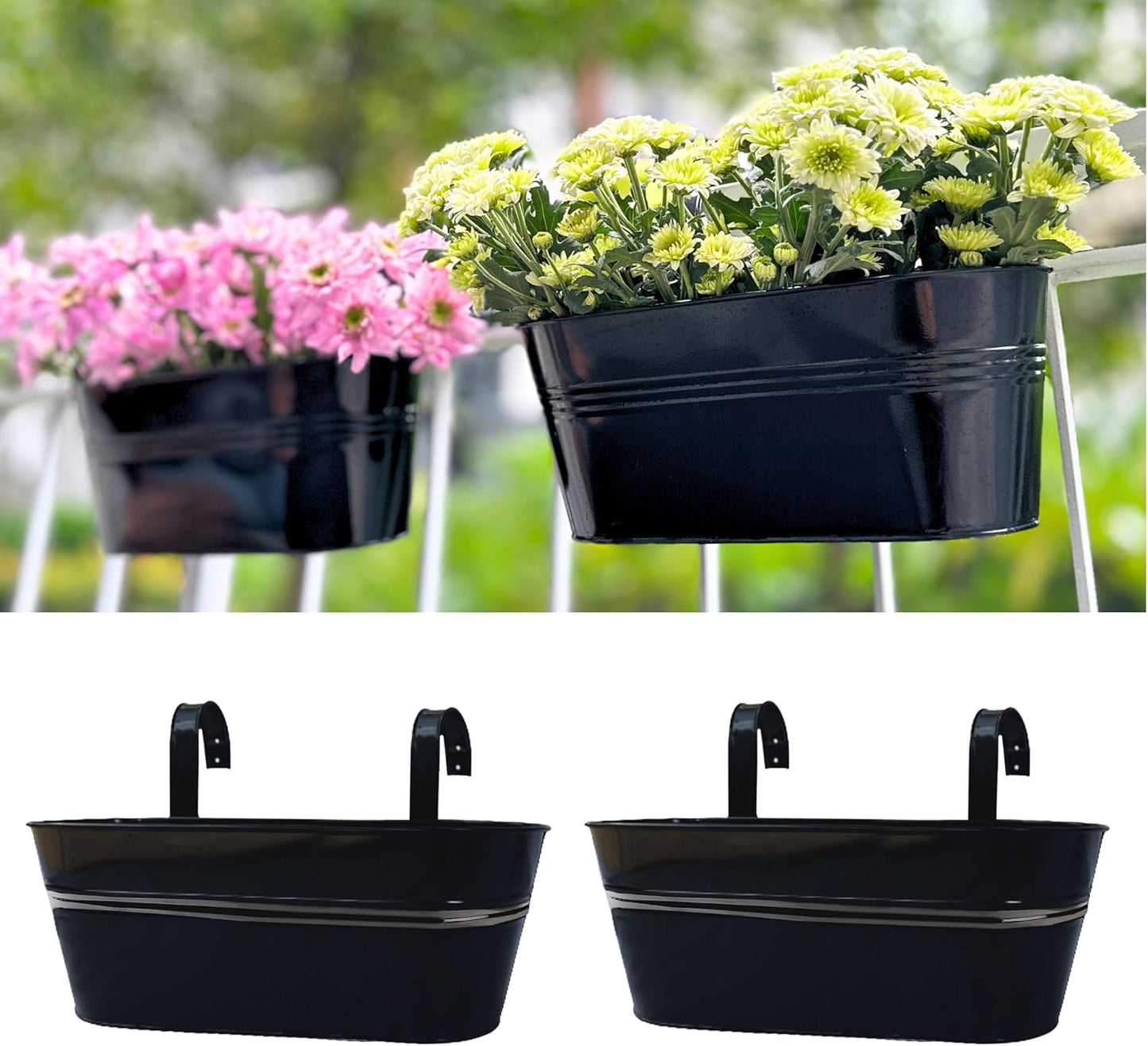 LaLaGreen Rail Planter Outdoor Plants(11.8 Inch, 10 Pack) Black Metal Iron Hanging Flower Pots Deck Railings Fence Buckets Modern Countryside Boho Style Wall Mount Window Box Plant Holder Porch Decor