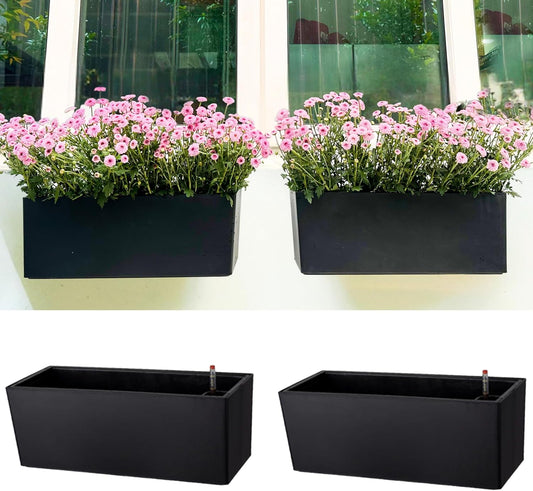 LaLaGreen Wall Planters for Indoor (2 Pack, 20 Inch) Black Self Watering Rectangular Window Planter Box Outdoor with Bracket Wall Mount Vertical Garden Balcony Herb Plant Holder Stylish Flower Pot