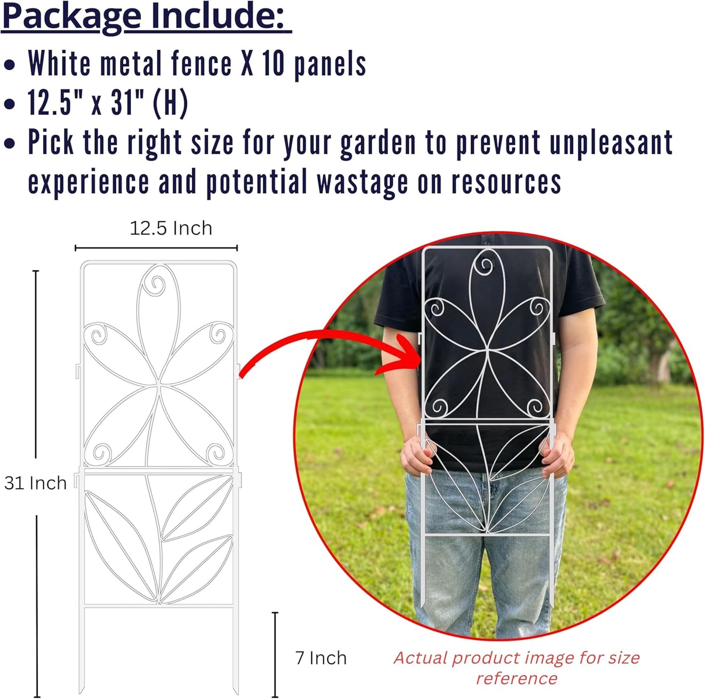 ShopLaLa Decorative Garden Fence (10 Panels) 12.5in(L) x 31in(H) Animal Barrier Fencing Rustproof White Metal Wire Flower Edging for Landscape, Small Dog Yard Gates Fences Tall No Dig Outdoor D-F30C