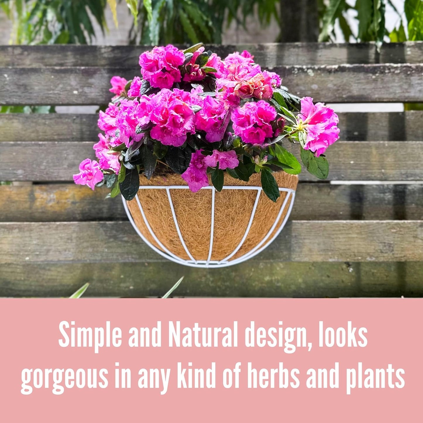 LaLaGreen Large Wall Planters, 2 Pack, 16 Inch Wall Hanging Pots with Coco Liner, White Metal Wire Rail Flower Basket Box Outdoor Outside Fence Railings Plant Holder Deck Porch Balcony Garden Decor