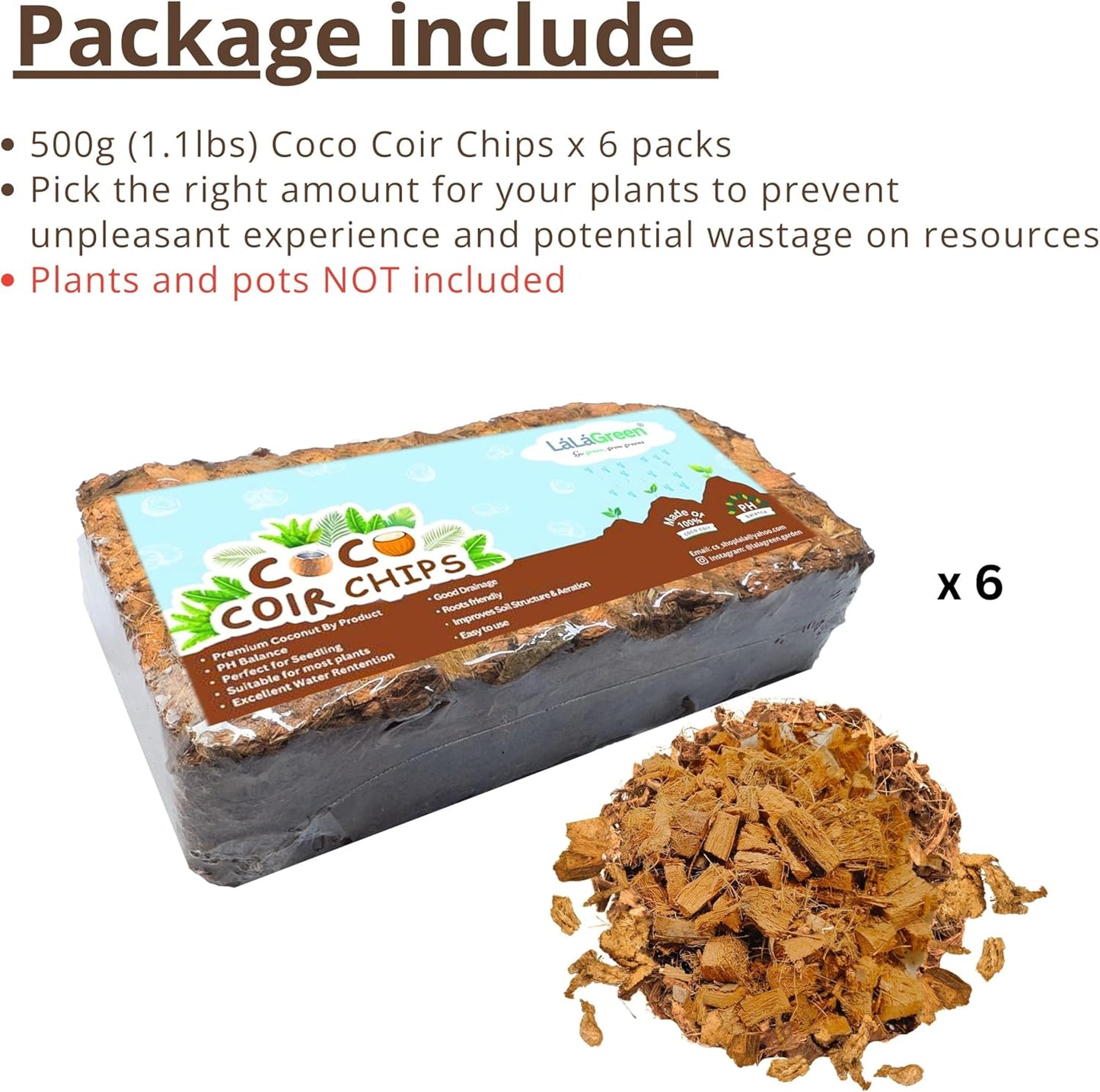 LaLaGreen Coconut Coir Chips for Plants (6 Pack, 500g) Indoor Herb Garden Seedling and Plant, Outdoor Planting Soil Vegetable Flower Orchids, Organic Compressed Coco Fiber Husk Chips Brick Peat Moss