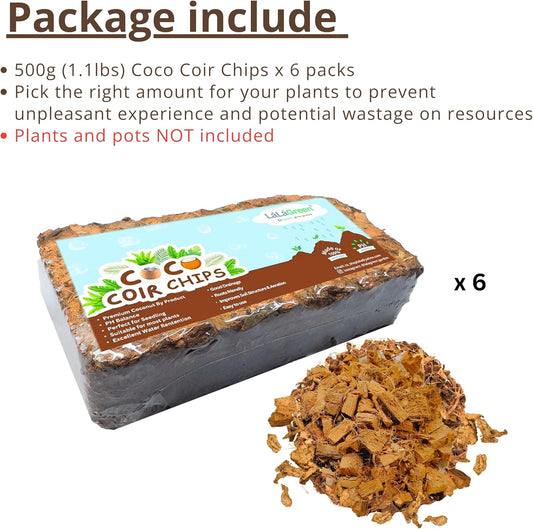 LaLaGreen Coconut Coir Chips for Plants (6 Pack, 500g) Indoor Herb Garden Seedling and Plant, Outdoor Planting Soil Vegetable Flower Orchids, Organic Compressed Coco Fiber Husk Chips Brick Peat Moss