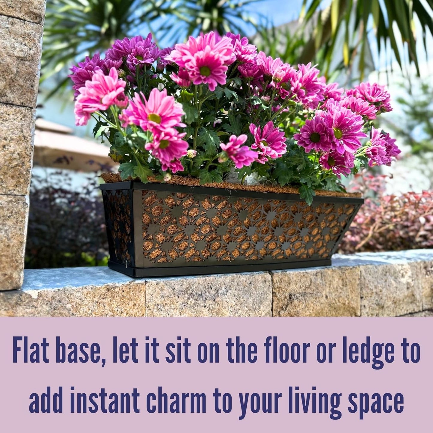 LaLaGreen Window Box Planter for Outdoor Plants (4 Pack, 16 Inch) Black Metal Rectangular Flower Pot Wall Planters with Coco Liner, Modern Horse Trough Railing Garden Balcony, Patio, Fence, and Deck