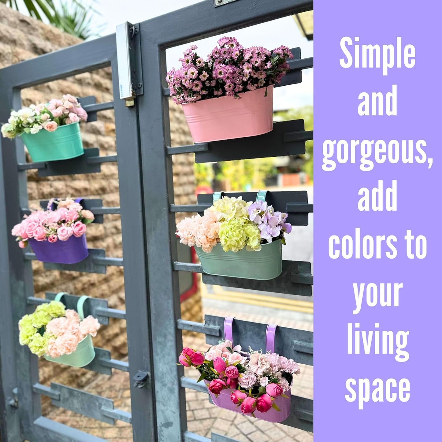 LaLaGreen Outdoor Hanging Planter (11.2 Inch, 6 Pack) Light Pink, Light Purple, Turquoise, Light Blue, Dark Purple, Cadet Blue Metal Iron Window Box Flower Pot Deck Railings Fence Porch Garden Decor